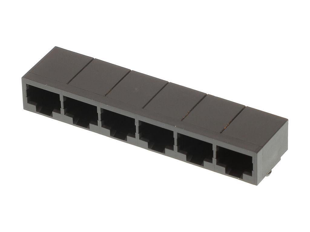 Six-port, right-angle, black modular jack. 