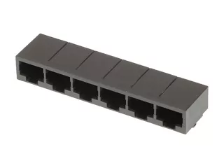 Six-port, right-angle, black modular jack. 