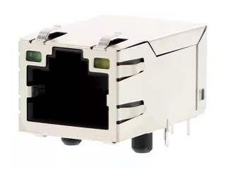 Right-angle Molex RJ45 magnetic jack with a 1-by-1 port configuration.