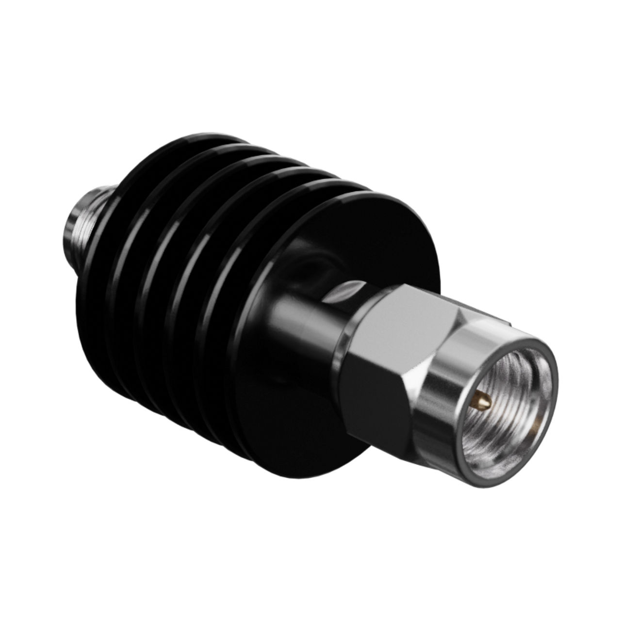 Molex SMA RF Coaxial Attenuator, plug to jack, straight, 18 GHz, 5 Watt, 6 dB.