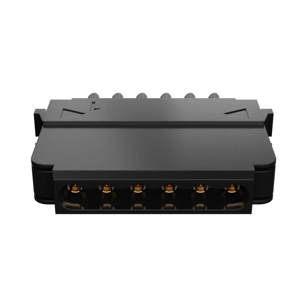 Molex eight-line ganged MPRF plug with side latches.