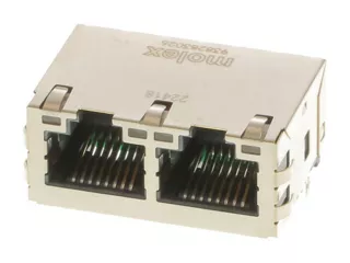 Right-angle Molex RJ45 magnetic jack with a 1-by-2 port configuration.