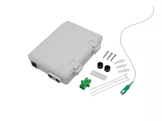 A Molex optical Demarcation Box with an optical cable, fiber optic adapter and mounting fasteners. 