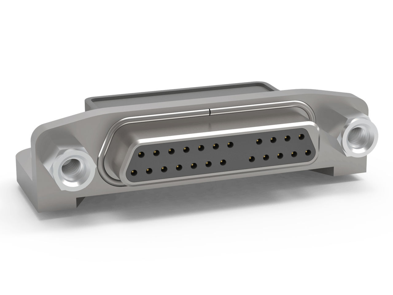 AirBorn microSI High-Speed Micro-D Receptacle with surface-mount termination option in a right-angle orientation with mounting ears.
