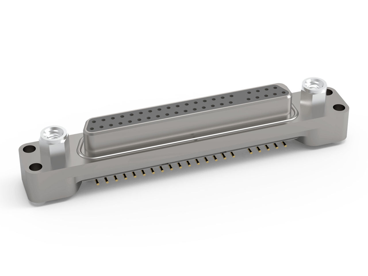 AirBorn microSI High-Speed Micro-D Plug with surface-mount termination option in a vertical orientation with mounting ears.