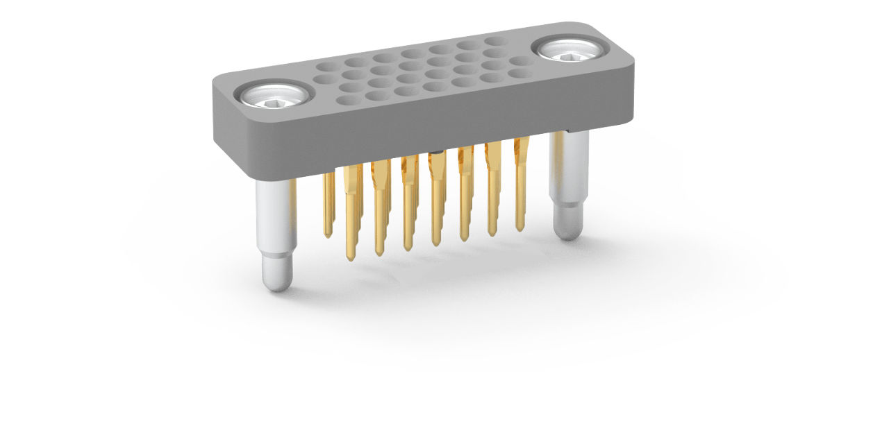 AirBorn RC Series rectangular board mount stackable connector with press fit tails.