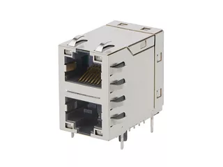 Right-angle Molex RJ45 magnetic jack with a 2-by-1 port configuration.