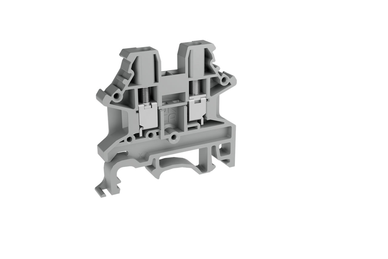 Single level feed-through DIN rail terminal block with screw connection.