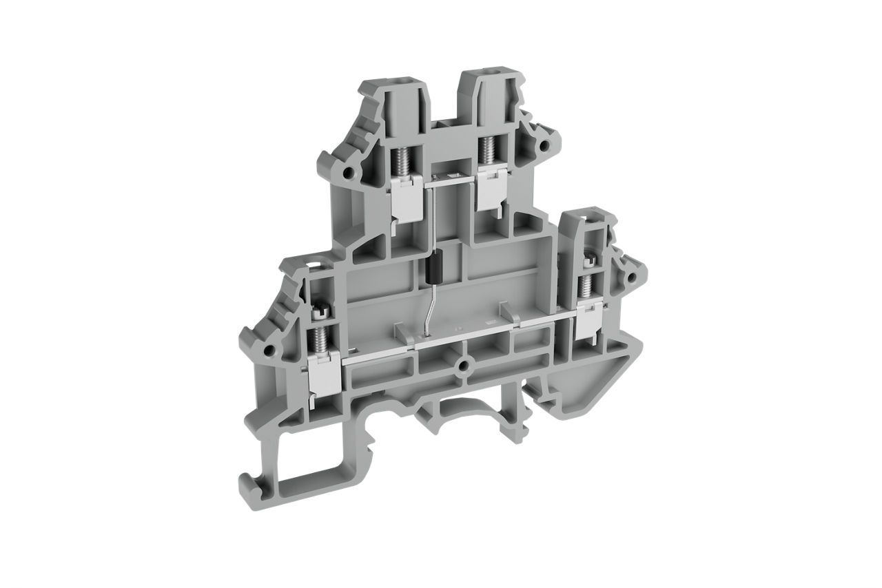 Double level diode DIN rail terminal block with screw connection.