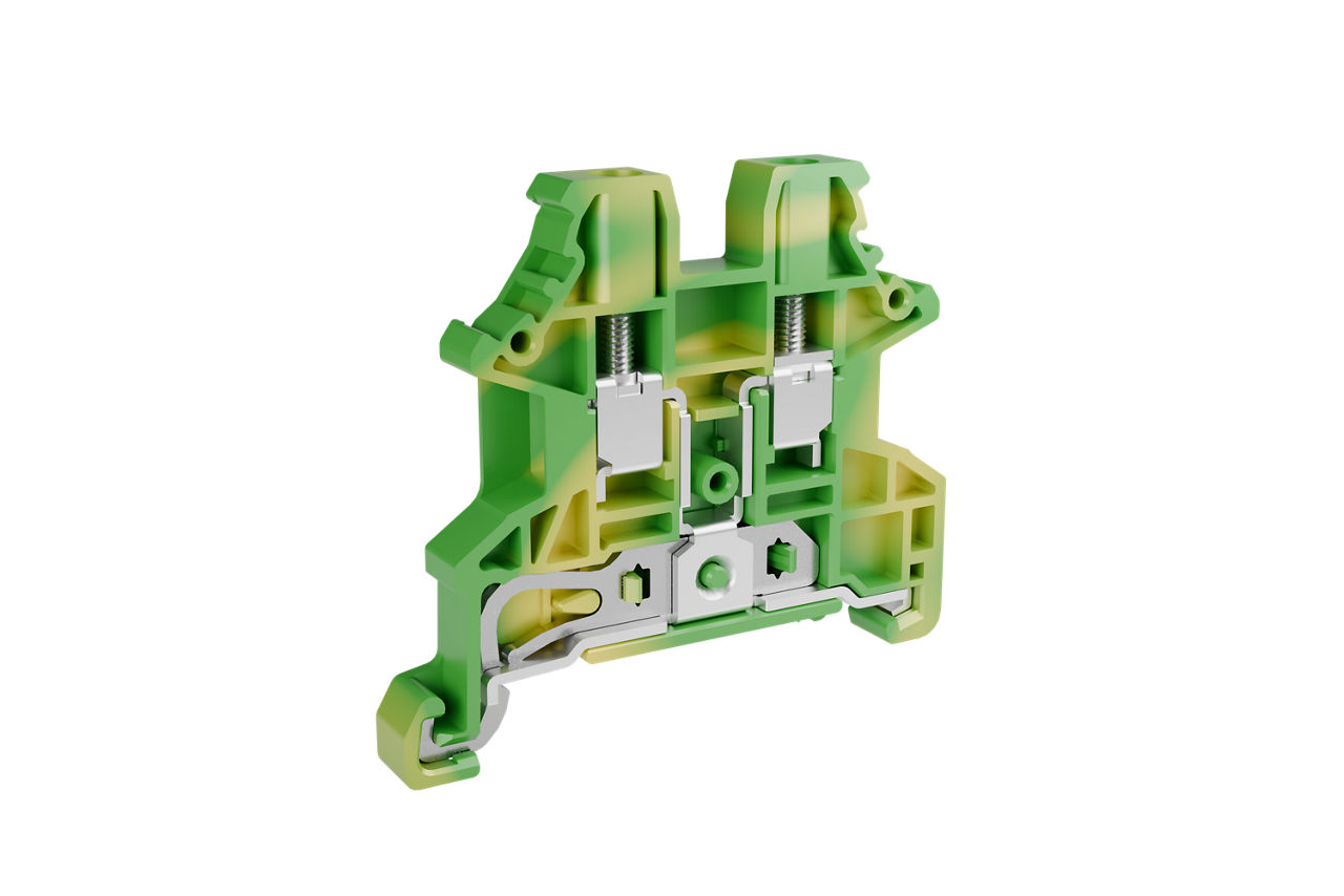 Single level grounding DIN rail terminal block with screw connection.