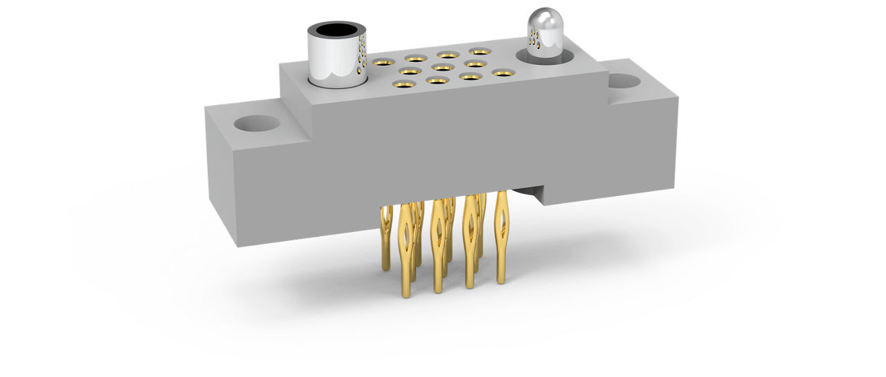 AirBorn R Series rectangular board mount receptacle in vertical orientation with mounting ears.