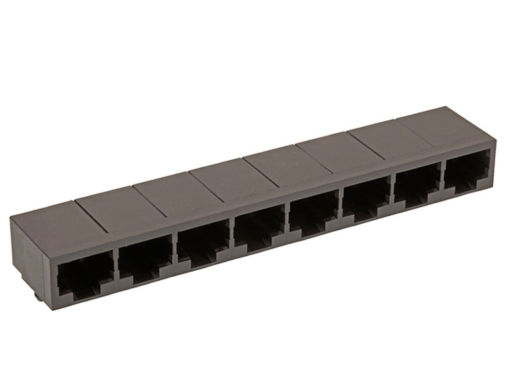 Eight-port, right-angle, black modular jack. 