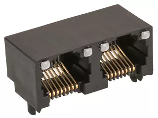 Two-port, right-angle, black modular jack with light pipes. 