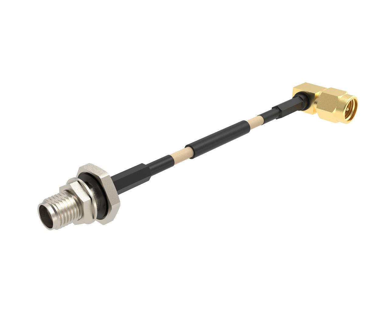Sealed SMA to right-angle SMA RF coaxial cable assembly. 