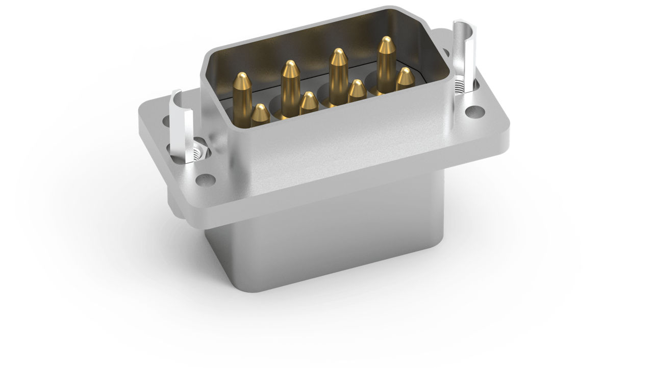 AirBorn RocKet Macro-D connector power receptacle with dual rows and a panel-mount option.