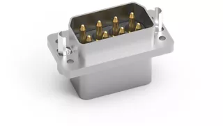 AirBorn RocKet Macro-D connector power receptacle with dual rows and a panel-mount option.