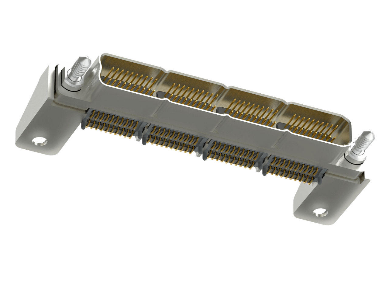AirBorn SInergy Modular High-Speed Hybrid Connector board-mount receptacle with two bays in a right-angle orientation.