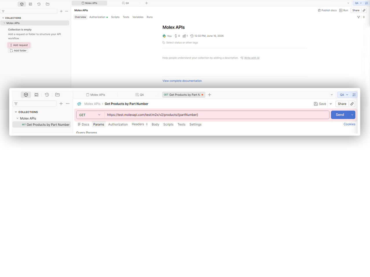 Screen shot showing how to add a request and make your first API call.
