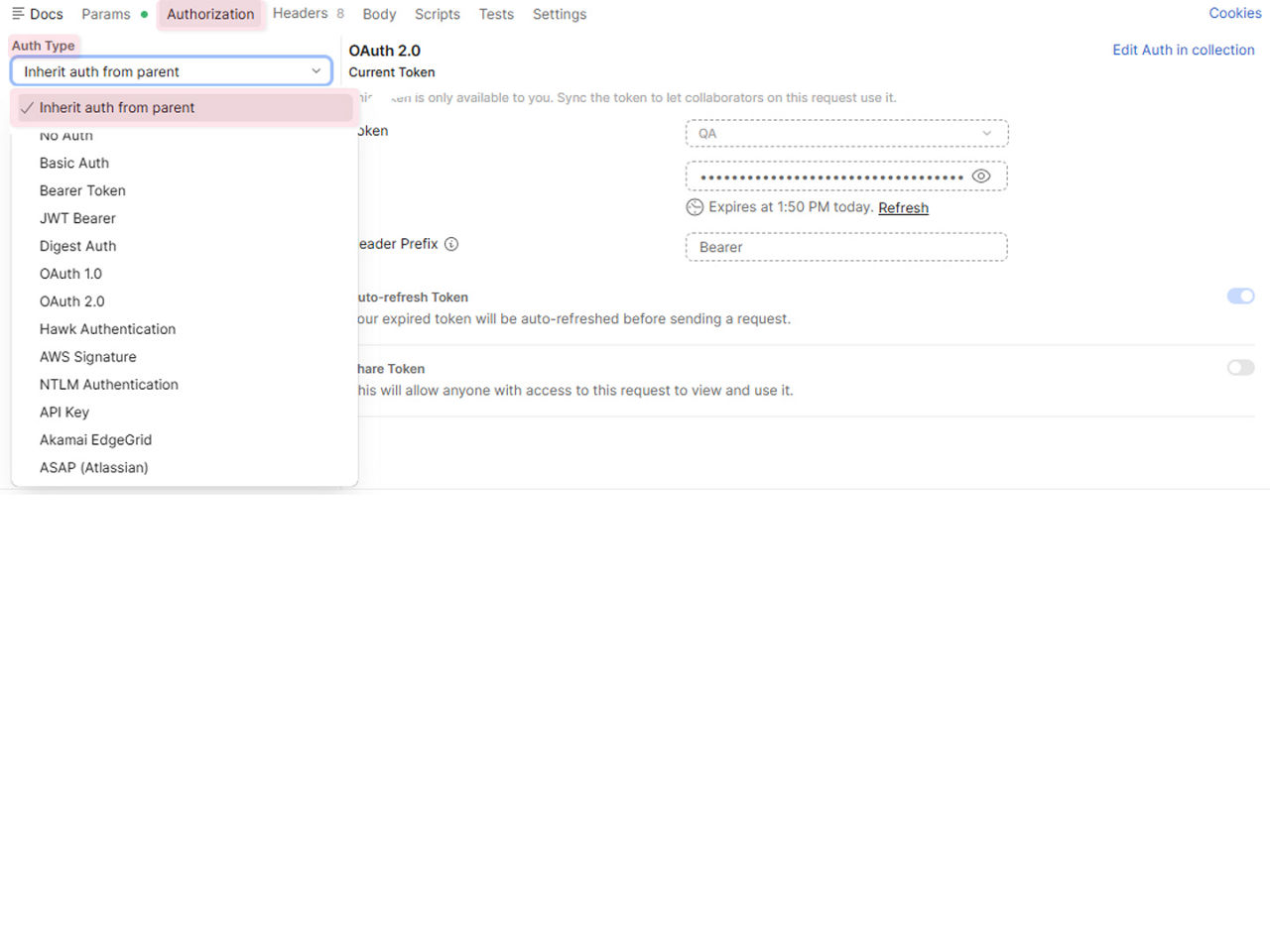 Screen shot showing how to check the authorization tab on the request.