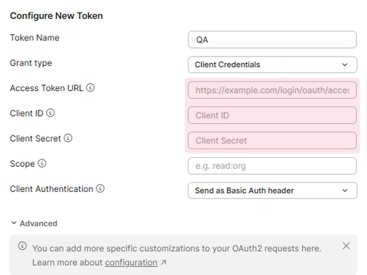 Screen shot showing how to configure tokens.