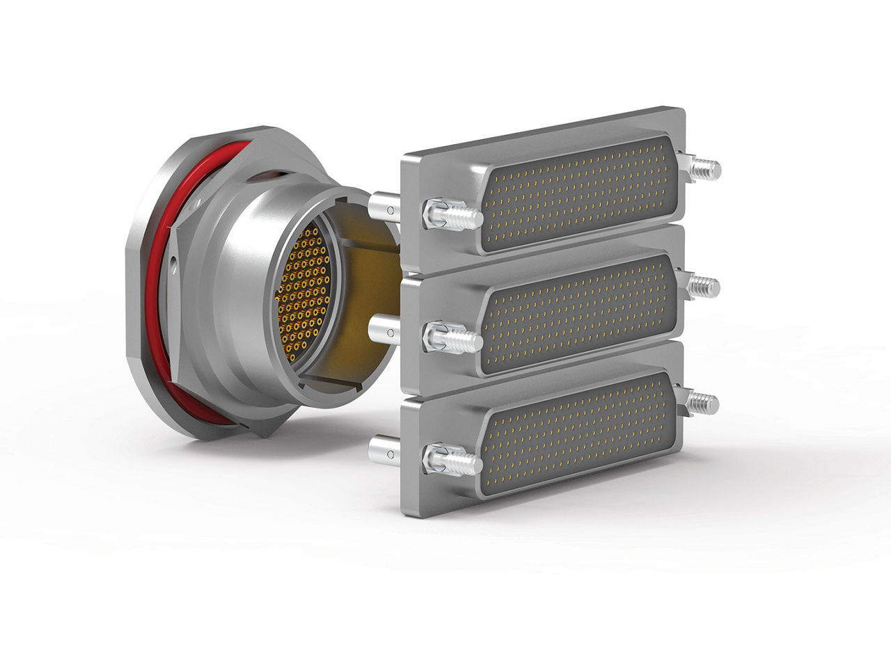 Comparison photo showing three 150-position AirBorn RocKet connectors in the space of a single 151-position MIL-DTL-38999 circular connector with a shell size 23.