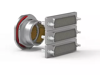 Comparison photo showing three 150-position AirBorn RocKet connectors in the space of a single 151-position MIL-DTL-38999 circular connector with a shell size 23.