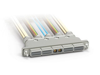AirBorn SInergy Modular High-Speed Hybrid Connector with five bays and a combination of signal and SMPM RF interfaces.