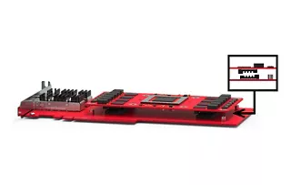 Two red PCBs stacked with a Molex Mirror Mezz connector bridging them together.