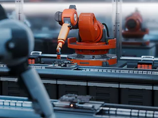 Industrial robotic arm works on electronic components along an automated manufacturing line.