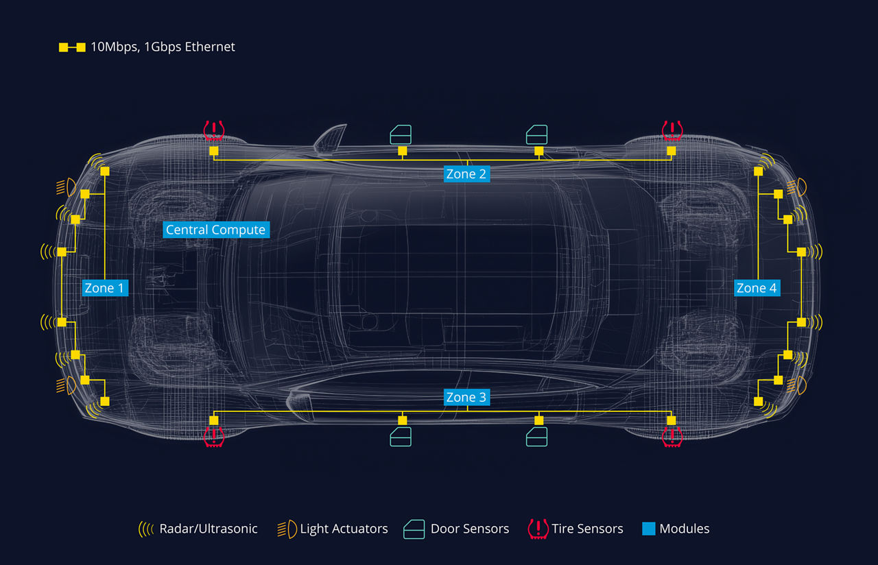 Top-down vehicle network diagram showing zonal architecture with central compute, four zones and 10Mbps, 1Gbps Ethernet links to sensors and modules.