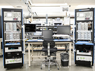 A technical workbench station in a research and development lab. 