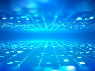 Futuristic data center visualization with high-speed data streams.