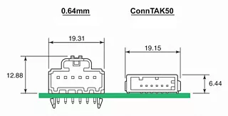 ConnTak50 design space savings displayed in comparison to a 0.64mm connector interface 