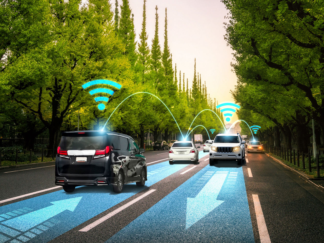 Illustration of vehicles driving while staying connected 