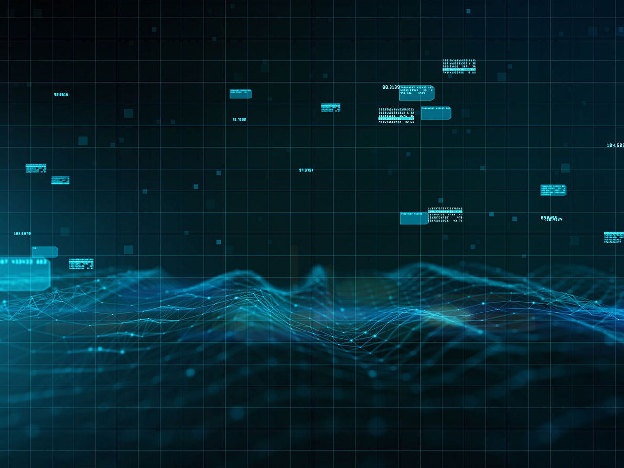 Data floating in grid on a blue background.