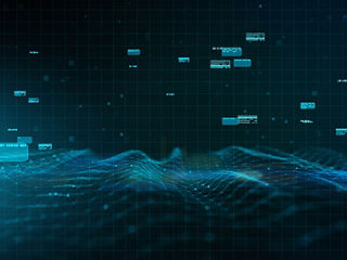 Data floating in grid on a blue background