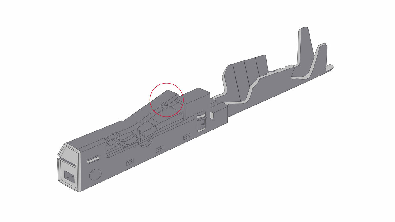 Molex TAK50 receptacle terminal with integrated terminal lance feature.