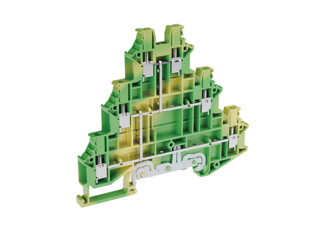 Double level grounding DIN rail terminal block with screw connection.