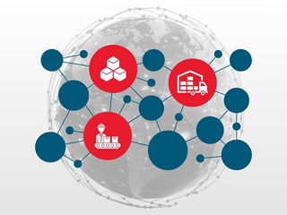 Supply Chain icons overlaid on a globe.  