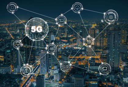 5G technology with various icon internet of thing over the closeup Bangkok cityscape, Wireless communication connection network concept.