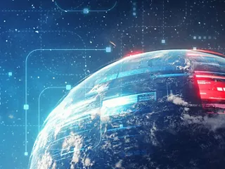 image of Earth from outer space with design elements demonstrating speed of signals.