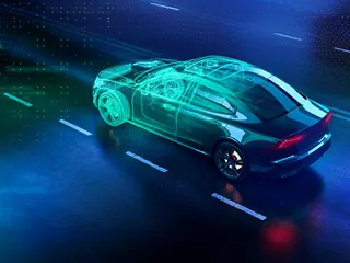 Modern vehicle with visible illustration of connectivity in the cabin and under the hood.