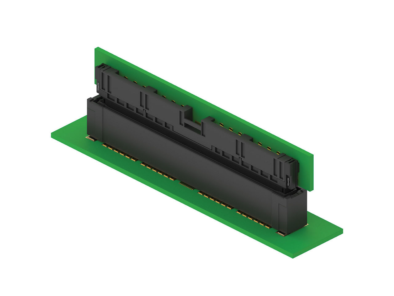 Mated DriveAngle floating board-to-board connector with right angle design.