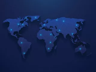 Map of the world with superimposed connections between different locations. 