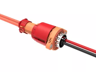 Mated eHV60 high-voltage automotive connector and vertical header. 