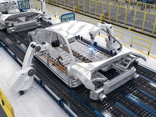 EV Technology Assembly in Automotive Factory. 