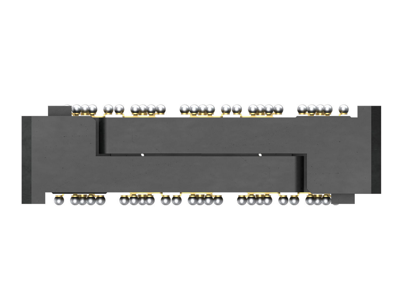 Side view of hermaphroditic (self-mating) Gemini Mezz Connectors showing the stack height and ball grid array termination.