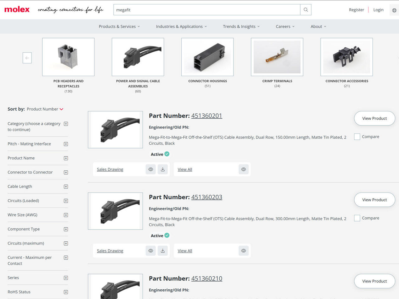 Screenshot of guided search on Molex.com 