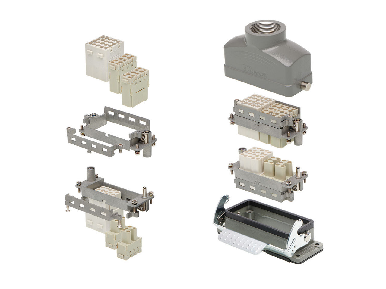 Molex Heavy-Duty Connector (HDC) assembly showing modular frames, modular inserts, housing and vertical-exit hood 