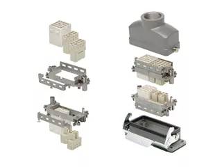 Molex Heavy-Duty Connector (HDC) assembly showing modular frames, modular inserts, housing and vertical-exit hood 